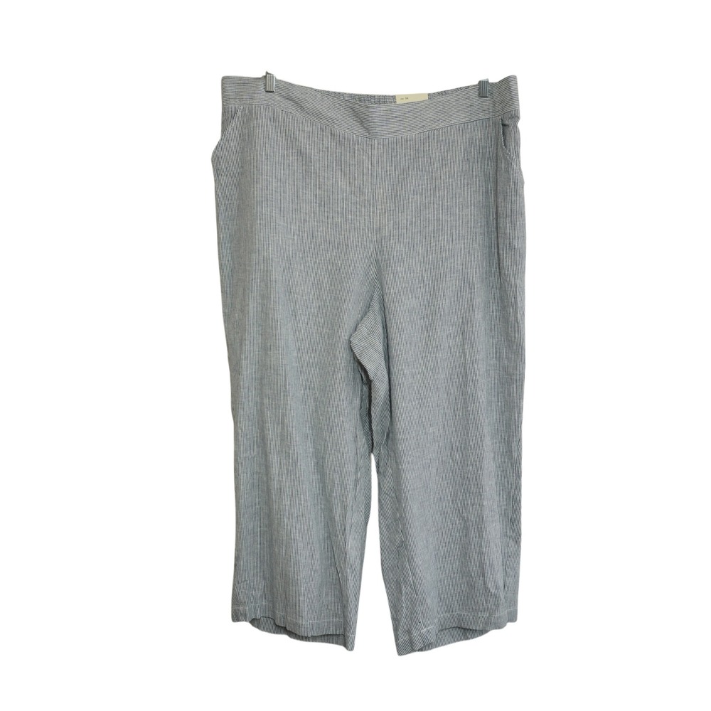 Max Studio London 3X Linen Blend Cropped Wide Leg Trousers Blue Stripe Coastal